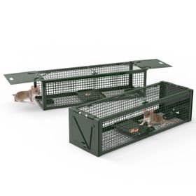 2Pack 15.35x4.72x3.94in 2-Door Humane Live Rat Trap Galvanized Iron Rodent Trap Cage Reusable For Home Garden Farm Warehouse (Option: Army Green)