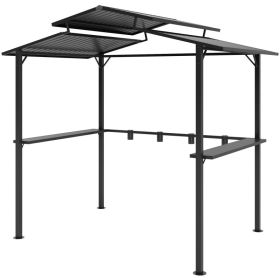 8 X 5ft Hardtop Grill Gazebo With Double Metal Roof, 2 Side Shelves And 4 Cup Holders For Patio Backyard Lawn Deck (Option: Black)